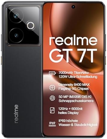realme GT 7T 5G Smartphone,12+256GB,Batteria 7000mAh,120W charge,Processore Dimensity 8400-MAX, Fotocamera IMX896 50MP, AI Planner, Display Pro-Esports da 6000 nit 120Hz,IP69,Nero, EU version