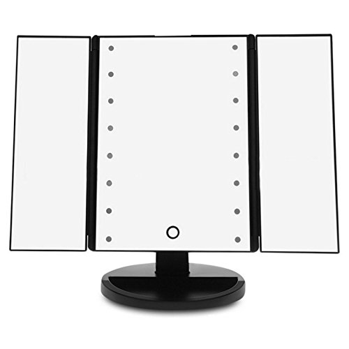LED Make up Spiegel, Frideko 16 LEDs beleuchtete dreiseitig faltbarer Kosmetikspiegel mit abnehmbare 10x Vergrößerungsspiegel, Touch Schalter, Hinterbauständer, Batteriebetrieb für Badezimmer Schlafzimmer Reise Ankleideraum - 3
