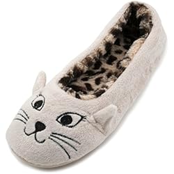 SlumberzzZ zapatillas con cara de gato, para mujer, interior con diseño de Leopardo, Forrado de felpa, color beige, talla 38-39 EU