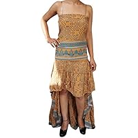 Mogul Interior Womens Hi Low Dress Recycled Silk Ruffle Tiered Design Flowy Strapless Sundress Orange