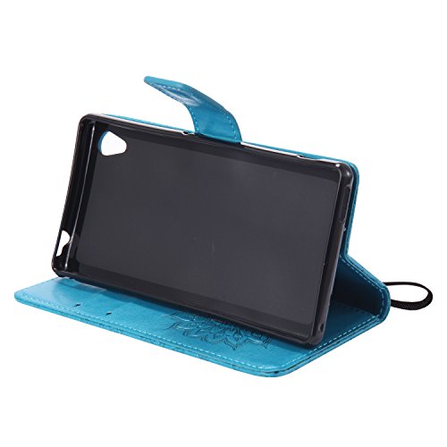 Sony Xperia M4 Hülle,Sony Xperia M4 Leder Sonnenblumen Hülle,Sony Xperia M4 Lanyard Wallet Schutzhülle,BONROY® Retro geprägte Sonnenblumen Muster PU Leder Flip Hülle Wallet Case Tasche Cover Handytasche Schutzhülle Lederhülle Handyhülle in Book Style Stand Case mit Kredit Kartenschlitz für Sony Xperia M4-blau - 5