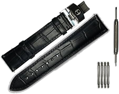 Hayes Accessories™ Genuine Leather Deluxe Watch Strap - Replacement Band with a Polished Stainless Steel Butterfly Deployment Clasp - INCLUDES EXTRA Spring Bar Tool and Replacement Pins (Black,22mm)