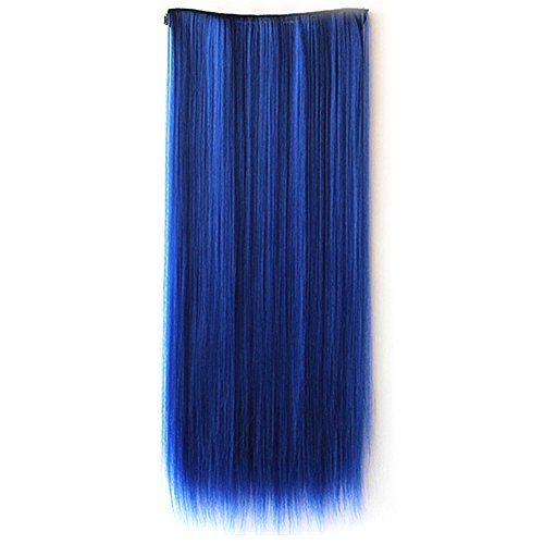 60cm Length One Piece Long Hair Piece Wig Straight Clip in Human Hair Extension Sapphire Blue