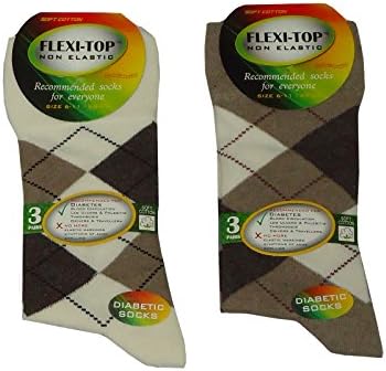 6 Pairs of Diabetic Socks - Cotton Rich Non Elastic Brown Argyle