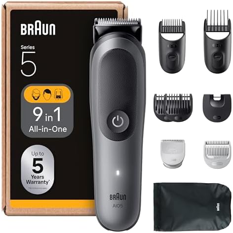 Braun Rifinitore All-in-One Series 5, Rasoio Elettrico Corpo Uomo, Barba e Capelli 9in1 con Lama Ultra Affilata, Regolabarba, Tecnologia Skinguard per Il Corpo, 120 Min di Autonomia, Aio5545, Grigio