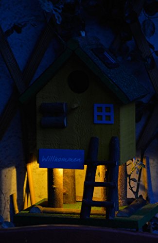 dobar 25102 Solar Vogel Nistkasten mit Solarlampe, Deko Vogelnistkasten für Vögel fertig montiert, Blaugrau-Braun – Nisthilfe Vogelhaus, 19x16x28cm - 2