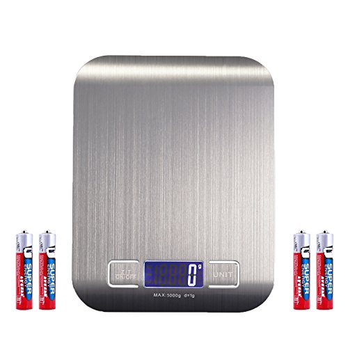 Digitale Küchenwaage, Digitalwaage, Elektronische Waage, Roimee Hoch Präzision auf bis zu 1g ,5kg Maximalgewicht,Tara-Funktion mit LCD Anzeige,Inkl Batterie*4