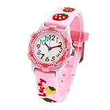 Kinderuhr Mädchen Armbanduhr 3D Analog Quarz Uhr Gummi-Armband - Pink - Erdbeere