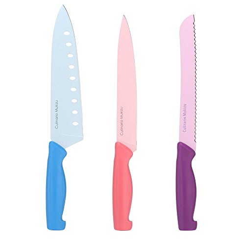 3er Set culinario Mukizu Messer mit antibakteriellem Hygiene-Schutz, Chefmesser in blau, Schneidemesser in pink, Brotmesser in lila