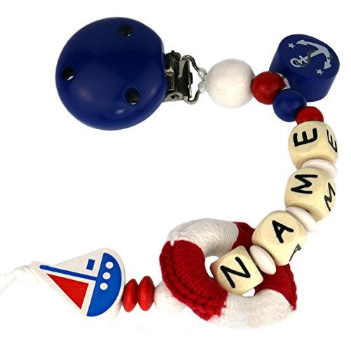 PREMIUM Schnullerkette mit Namen HOLZ Modell Boot Anker rot blau