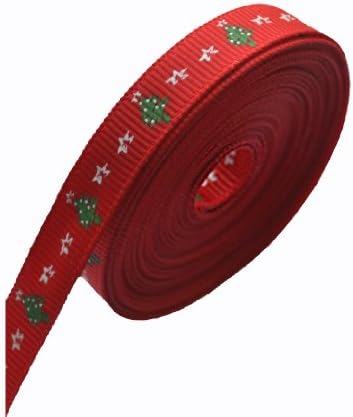 Grosgrain ribbon with Christmas Tree motif; 10mm; Red; 5 Metres