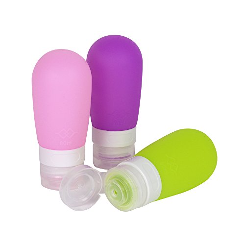 Reise-Flaschen, ARKTeK 3oz Leck-Proof Soft Silikon-Container, Nachfüll- & Quetsch-Flaschen für Kosmetik, Shampoo, Conditioner, Lotion, Toilettenartikel [Set von 3, Grün / Pink / Lila]