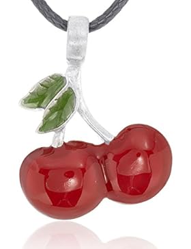 Llords Schmuck Glücksbringer rote Kirschen Anhänger Halskette, feinster Zinn Metall Modeschmuck