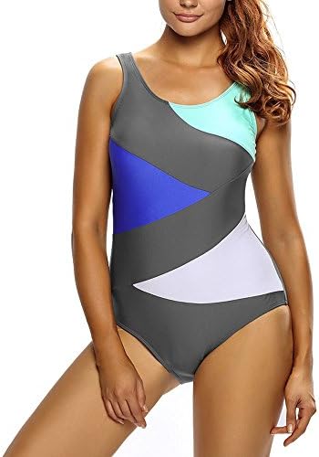 Akalili Women's Sexy Color Block Front Lace up Grey&Black One Piece Swimsuit Plus Size Swimming Suit