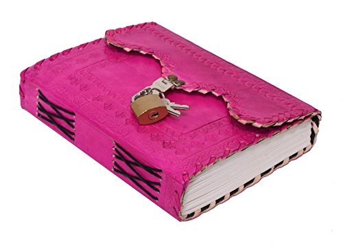 RENOSTER Pure Genuine Real Vintage Leather Diary Handmade Notebook Dairy with Lock Poem Notebook Pink Diary with Lock for Office Home to Write Poem Daily Update with Lock Diary with Lock(7x5;Pink)