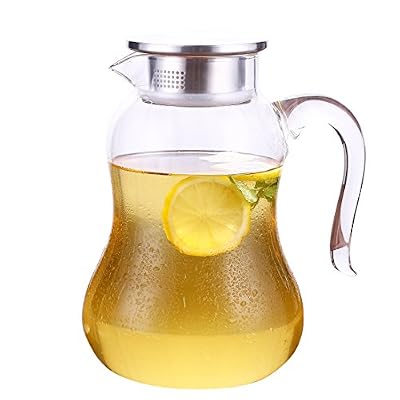 JiaQi Carafe en verre borosilicate JIAQI avec infuseur en acier inoxydable pour eau bouillante et eau glacée, Verre, transparent, 2000ml