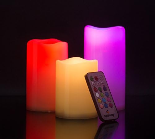 Safeway Candlelites - Set of 3 round LED Candle lights, Flameless, Colour Changing With Flickering Flame, Smooth Wax-look High Performance With Remote Control Timer