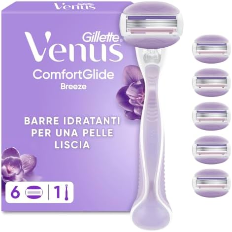 Gillette Venus Comfortglide Breeze Rasoio Donna con 6 Lamette di Ricambio, Manico in Metallo Riutilizzabile e Supporto per Doccia, per una Rasatura Liscia e Profonda Che Dura