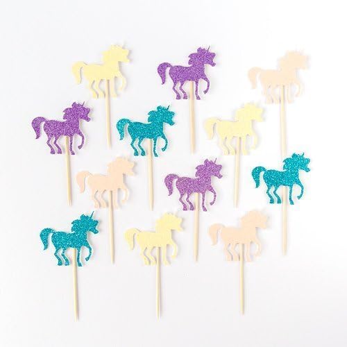 Magical Unicorn Pony Birthday Cupcake Toppers. Party Decorations. Pack of 12 Includes 4 of each Colour, Teal, Lavender, Baby Pink & Yellow as seen.