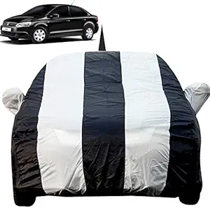 Autofact Car Body Cover for Volkswagen Vento with Mirror and Antenna Pocket (Light Weight, Triple Stitched, Heavy Buckle, Bottom Fully Elastic, White Stripes with Navy Blue Color )