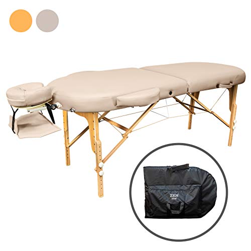 Zen Oval | Massage-Liege klappbar und höhenverstellbar | mobiler Kosmetik-Tisch in ovaler Form für aktive Massagestile | Voll-Holz, hochwertiger PU-Bezug, Alu-Kopfstütze | TÜV zertifiziert (Créme)