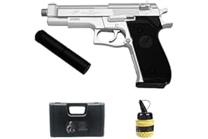 ECOMMUR Pistolet Double Eagle M22 argenté (Ressort) | Pistolet Airsoft (Billes en Plastique 6 mm) Type Beretta 92 + Mallette en PVC + biberon de munitions (0,5 Joules)