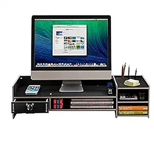 Glaceon Bamboo Wood Monitor Stand Ergonomic Computer Riser 2-Tier 3 Drawers Adjustable with Drawers Organizer Storage Desktop Shelf Laptop Risers Phone Stand for Home and Office || Multicolor