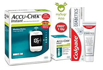 Accu-Chek Instant Glucometer (with Bluetooth) With 10 Strips With Free 30 Gm Pack Of Diabetics Toothpaste