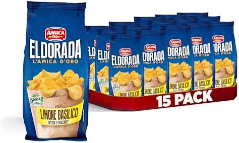 AMICA Chips | Eldorada Patatine Gusto Limone e Basilico, Lenta Cottura, Taglio Spesso e Croccante, Senza Glutine, 15 Pezzi x 130 gr