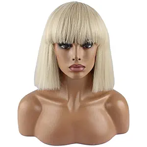 Generic Fashion Wig Womens Short Bob Kinky Straight Full Bangs Synthetic Hairpieces Blonde