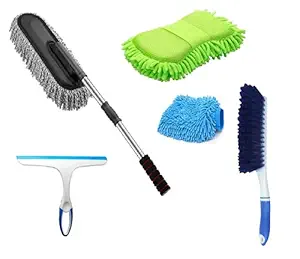 Niklace Car Cleaning Kit | Interior and Exterior Car Cleaning Accessories | Includes Combo Set Microfiber Duster, Carpet Brush, Washing Scrub Sponge, Glass Wiper, Microfiber Gloves | 5 in 1 Combo Pack