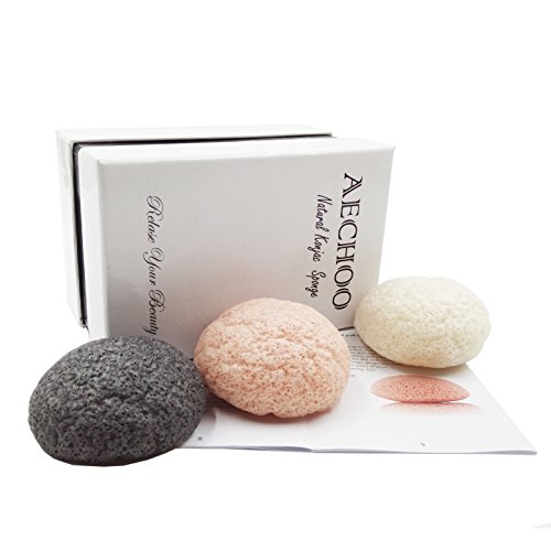 AECHOO Natural Konjac Puff Sponge 3 Pack Facial Scrub Brushes Buffer for Daily Face Cleansing Gentle Help Sensitive and Oily Skin Remove Makeup (Bamboo Charcoal, 100% Pure Konjac, Chamomile)