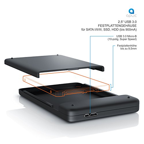 CSL – USB 3.0 externes Festplattengehäuse für 2,5″ SATA SSD HDD Festplatten | für SATA I/II/III (HDD+SSD Case) | UASP Mode | schraubenlose Installation | Windows / Linux / Mac | max. 9,5mm Bauhöhe - 3