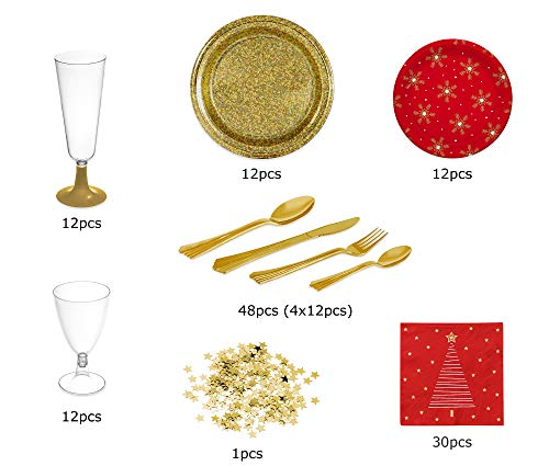 [Pack ahorro] Kit de vajilla desechable elegante con decoración ideal para fiestas - Color rojo y oro dorado - Incluye platos, cubiertos, copas, servilletas y confetti decorativo - 12 personas- 117pcs