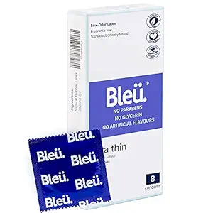 Bleu Vegan Super Ultra Thin Condoms for men pack of 1, With Natural Latex For Extra Sensitive Skin, Masked Latex Smell, Reduced Itch and Irritation Free of Paraben, Suspicious Chemicals (8 Count)