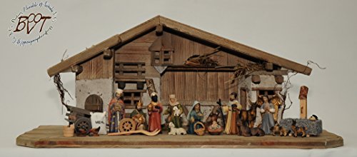 Preisvergleich Produktbild ÖLBAUM-Krippe,historische Holz-Weihnachtskrippe, mit GRANITBRUNNEN Wassergrand + Premium-DEKOSET Krippenstall, MASSIVHOLZ GEBEIZT