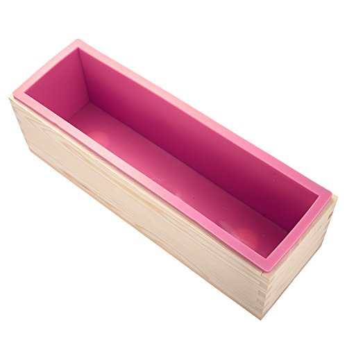Hihoddy Silikon rechteckig DIY Seife, rechteckige Silikonform mit Holzkiste, Kerze, Toast, Gelee, Pudding mit Holz Form Box hausgemachte 1.2L/42oz - rose