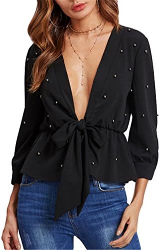 Hangyin Allover Beading Knot Front Blouse Black Deep V Neck 3/4 Sleeve Ruffle Hem Tiered Layer Sexy Blouse