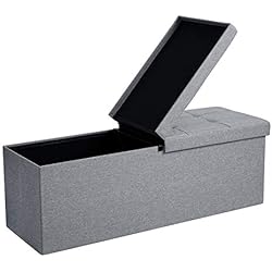 SONGMICS Coffrede Rangement, Banc de Rangement avec Couvercle Pliant, Pouf Pliable, pour Lit,Chambre, Couloir, Gain d'Espace, 120L, 300 kg de Charge Statique Max, Rembourré, Gris Clair LSF71G