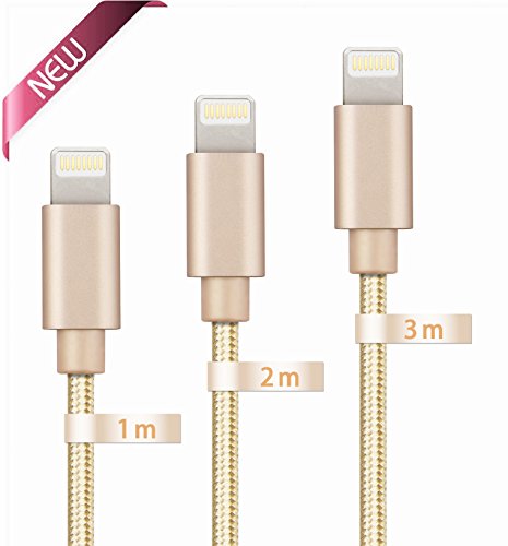 GlobaLinkÂ® Lighting to USB Charger Cable for iPhone, Extra Long and Ultra Durable USB Braided Charging and Syncing Cord for iPhone 5 5s 5c 6 6 Plus 6s 7 7 Plus, iPod 7, iPad mini mini 2 mini 3, iPad Air iPad Air 2 [Lifetime Guarantee Servies] 3 Pack, 1M 2M 3M, Gold