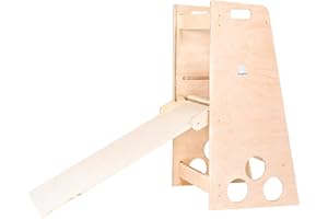 MAMI SRL Learning Tower in Legno con Scivolo Torre Montessoriana per Bambini Sgabello Pedana Bimbo Apprendimento con 3 Livelli di Altezza (Legno naturale, Scivolo)