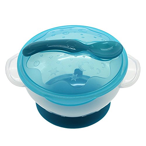 WEKA Baby Kids Spoon And Bowl Set Two-handed Feeding Sucker Plastic Tableware Dishes Blue