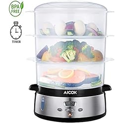 Aicok Cuiseur Vapeur, 800W Cuiseur Vapeur Electrique avec 3 Paniers Vapeurs 0% BPA, 9L Cuiseur avec LED Minuteur Numérique et Base en Acier Inoxydable, pour Riz, Légumes, Viande