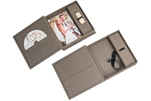 ELEGANTDISK Scatola porta CD/USB per matrimonio, con spazio per foto, in tessuto di lino marrone