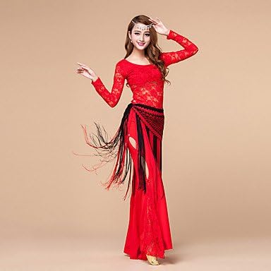 DESY Belly Dance Outfits Women's Training Polyester Lace Lace 3 Pieces Long Sleeve Natural Pants Top Hip Scarf M: 96 L: 97 , l