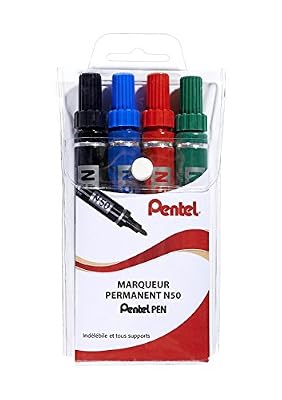 Pentel N50 Pochette de 4 Marqueurs Permanents Pointe Conique Assorties Noir/Bleu/Rouge/Vert