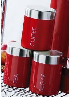RETRO RED ENAMEL TEA COFFEE SUGAR T/C/S CANISTER SET