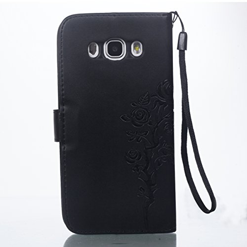 Slynmax Weich Leder Tasche Schutzhülle für Samsung Galaxy J5 (2016) DUOS Smartphone 5,2 Zoll Hülle mit Lanyard Flip Cover Wallet Case Etui Rose Blumen Embossed Design Hand Strap Brieftasche Lederhülle im Bookstyle Ultra Slim Ledertasche Handyhülle Schutz-Hülle Handytasche Shell Schale Klapphülle Rückseite mit Stand Ständer Credit Karten Slot und Magnet Magnetverschluss + 1x Eingabestift Touchstift Stylus - 7