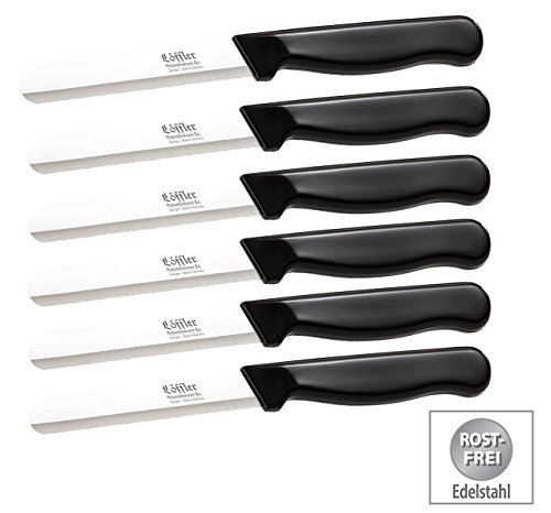 Löffler Schneidewaren Co. 6 Edelstahl-Gemüsemesser aus Solingen, rund, gezackte 8,5-cm-Klinge