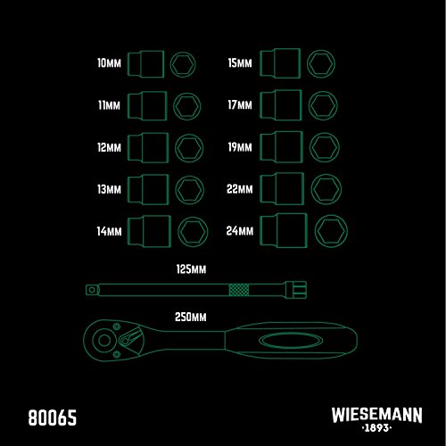 Steckschlüsselsatz 12tlg mit Halter| WIESEMANN 80065 | Chrom-Vanadium Stahl | 1/2″ Knarre | Verlängerung 125m | 10mm – 24mm | Sechskant Einsätze - 6